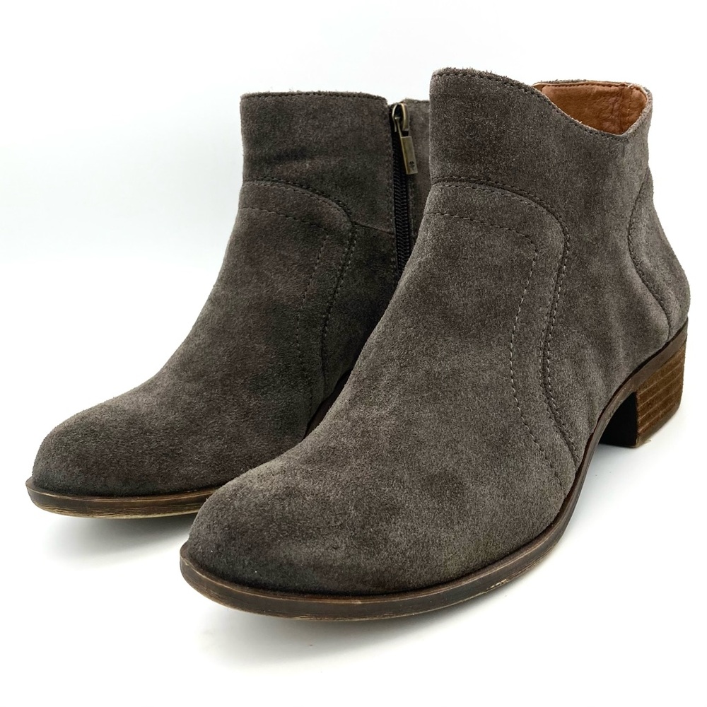 Lucky Brand Brolley Suede Ankle Boots Women’s Size 8 Side Zip Round Toe Gray